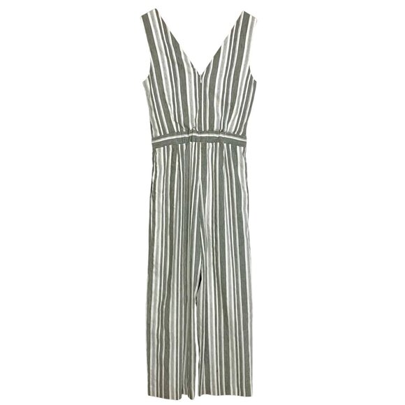 Gray White Striped Wide Leg Linen Blend Jumpsuit 2 V-Neck Nautical Coastal Prep - Picture 6 of 11